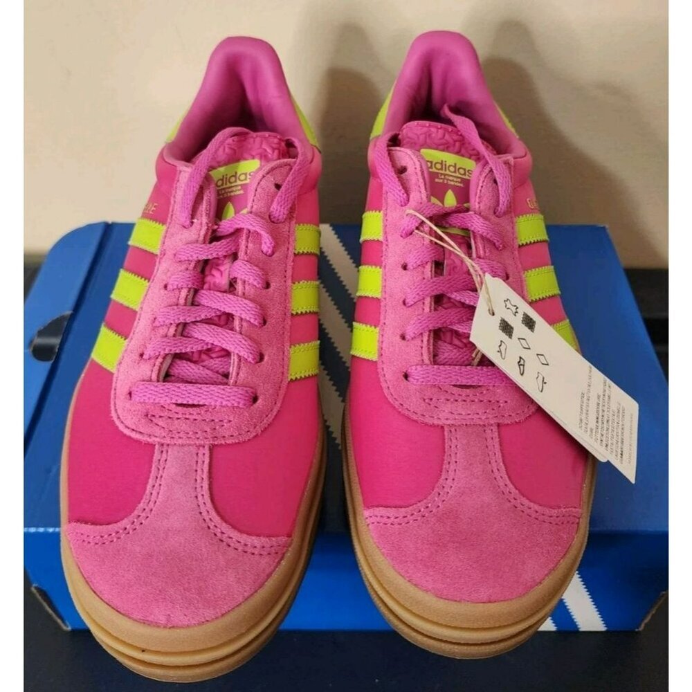 NIB Size 7 - Adidas Originals Gazelle Bold Lucid Fuchsia Solar Slime Satin Suede - Picture 2 of 10